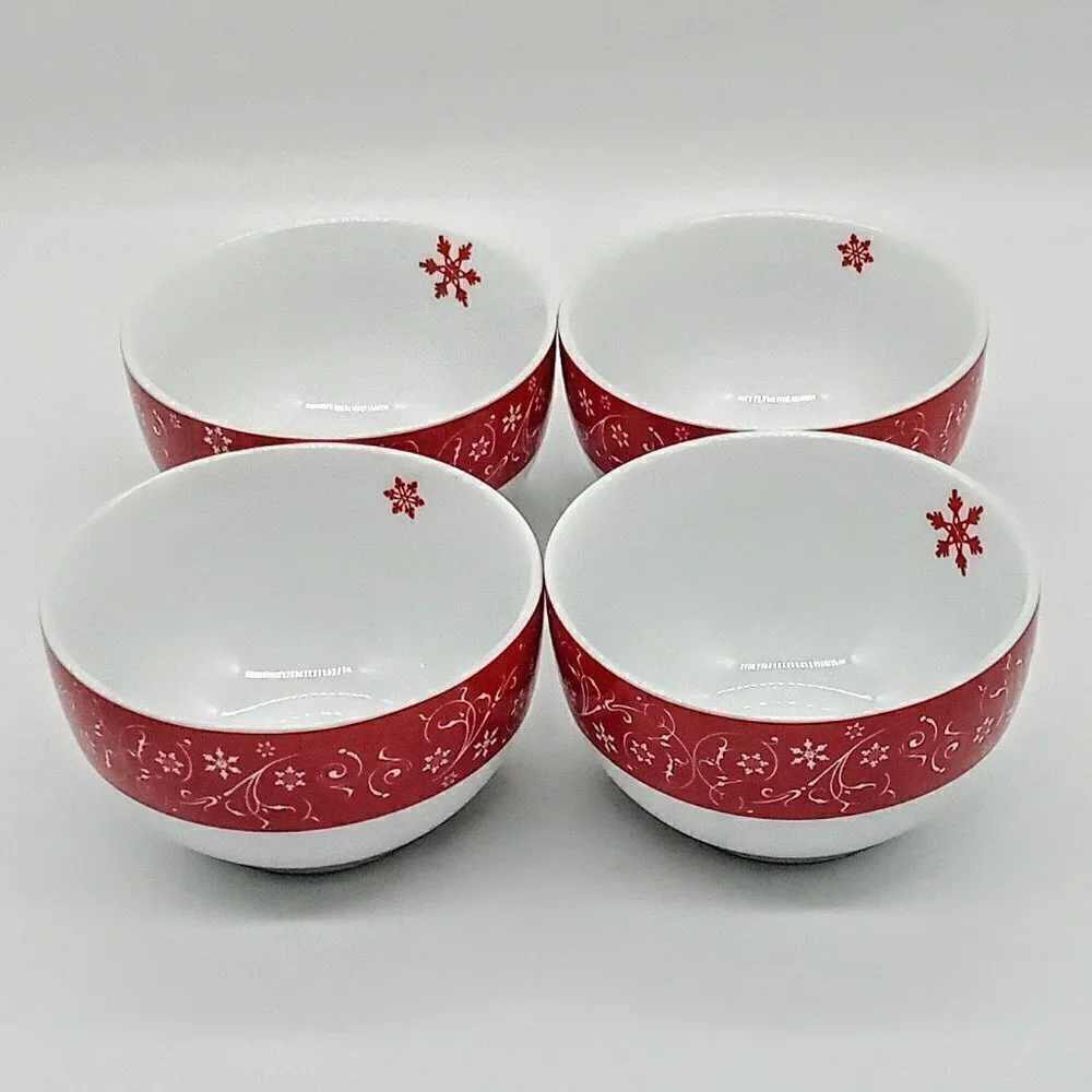 Clay Art Red Snowflake White Scroll Ceramic Bowls